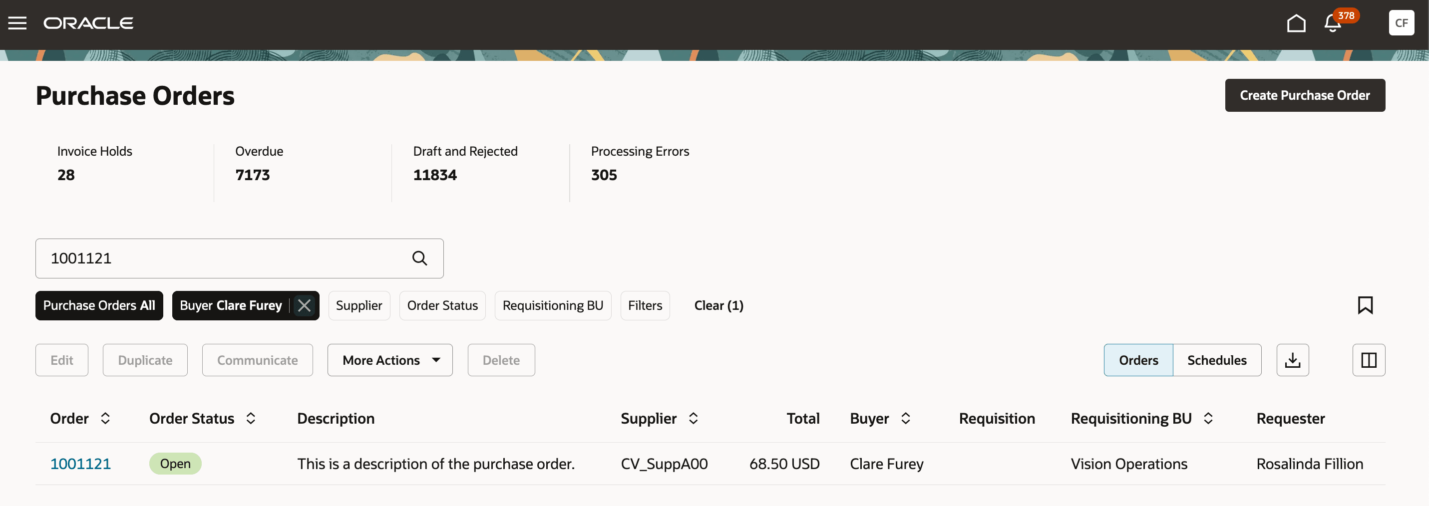 「購買オーダー」ページからのオーダーの表示