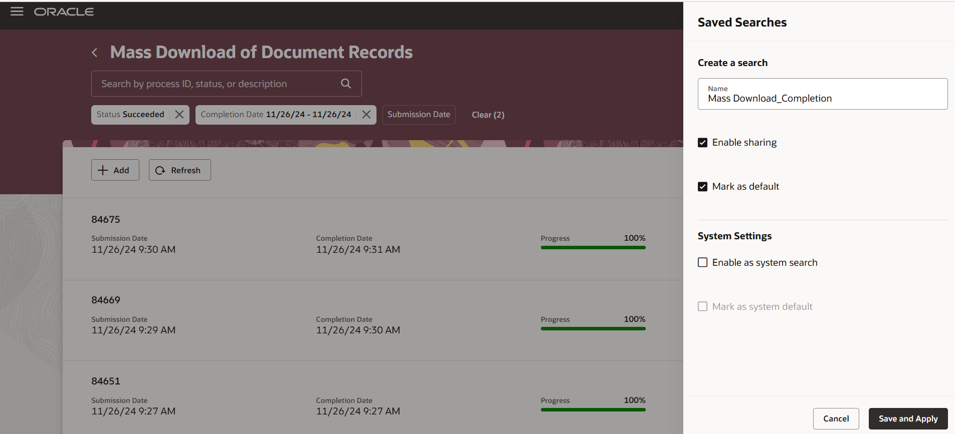 Redwoodの「文書レコードの一括ダウンロード」ページの保存検索