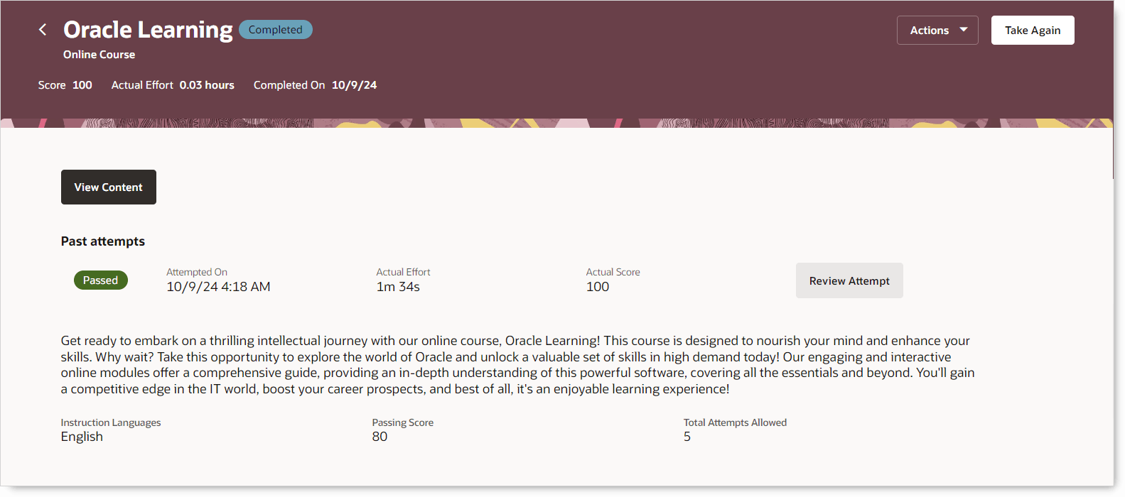 「再履修」処理がある、完了済自己ペース学習の登録詳細ページ