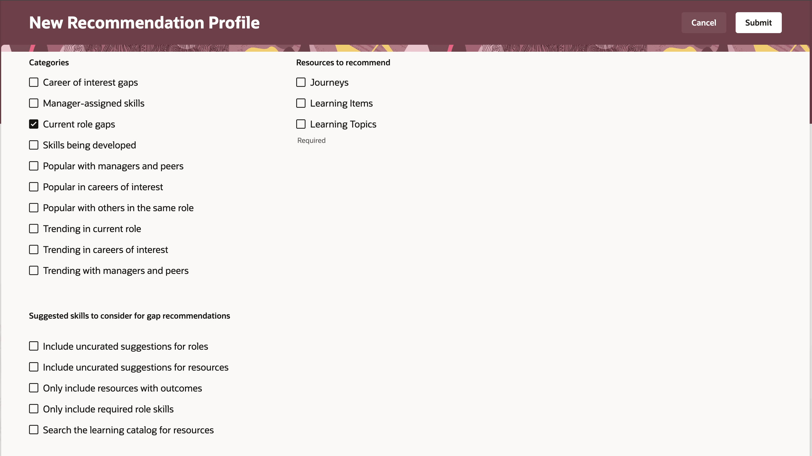 「現行ロールのギャップ」カテゴリが選択された「新規推奨プロファイル」ページ