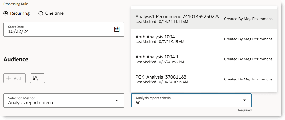 「選択方法」で「分析レポート基準」が選択された「推奨プロファイル」の「対象者」セクション 