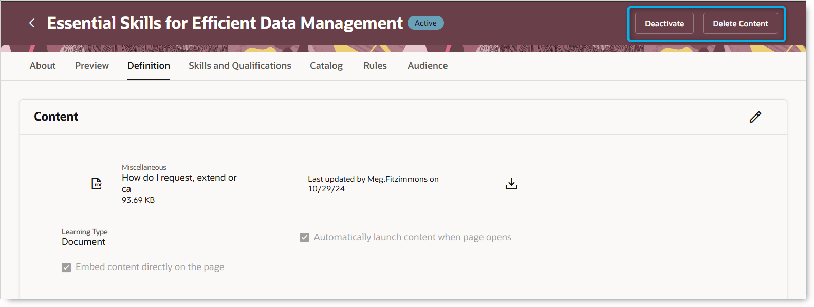 自己ペース学習の定義ページの「コンテンツの削除」および「非アクティブ化」処理