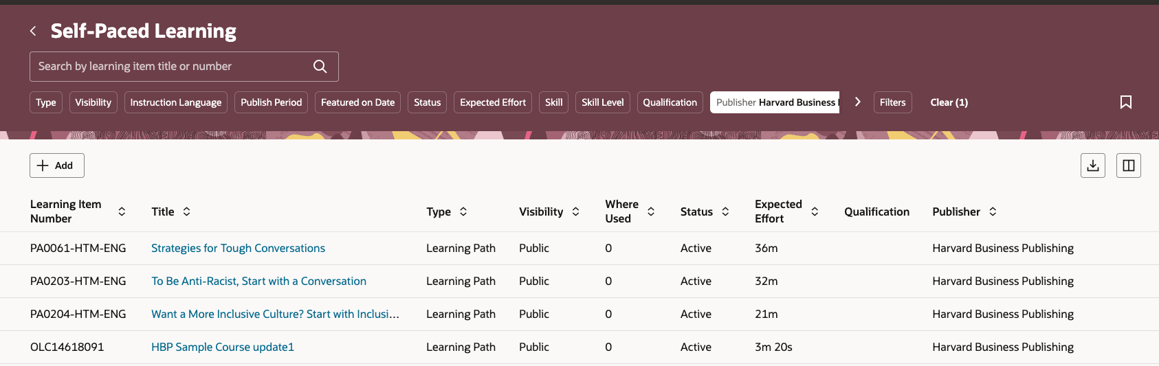 パブリッシャでフィルタされた学習を含む自己ペース学習ページ