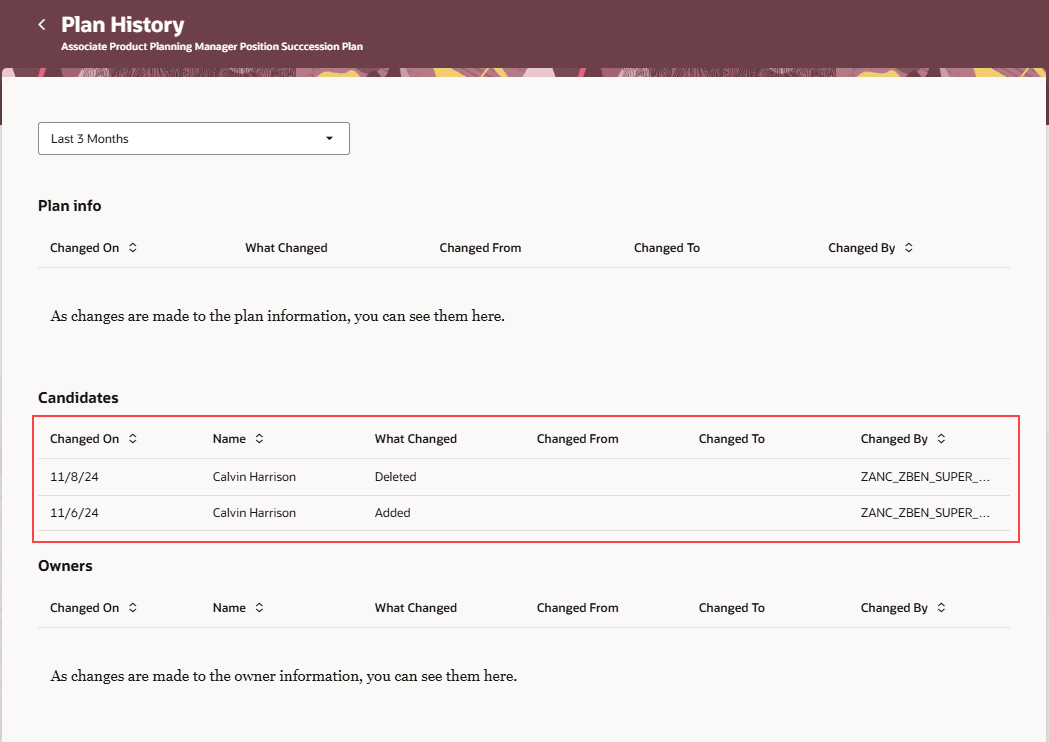 候補者の変更が強調表示された後任プランの「プラン履歴」ページ。