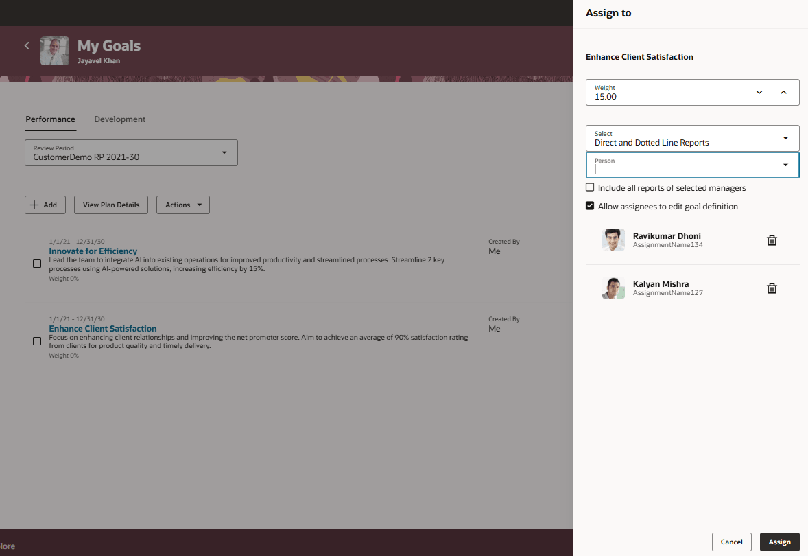 一部のチーム・メンバーを選択して、目標に加重を割り当てている、「自分の目標」ページの「割当先」ドロワー・パネル