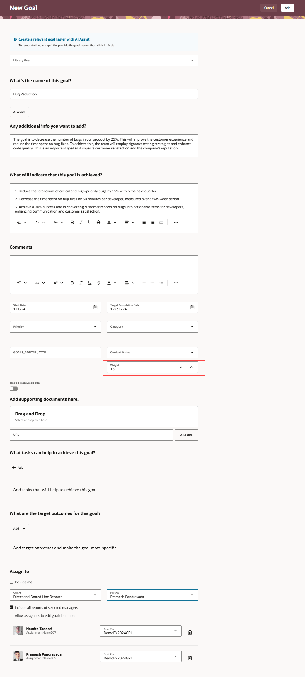 「加重」フィールドが強調表示された「新規目標」ページ
