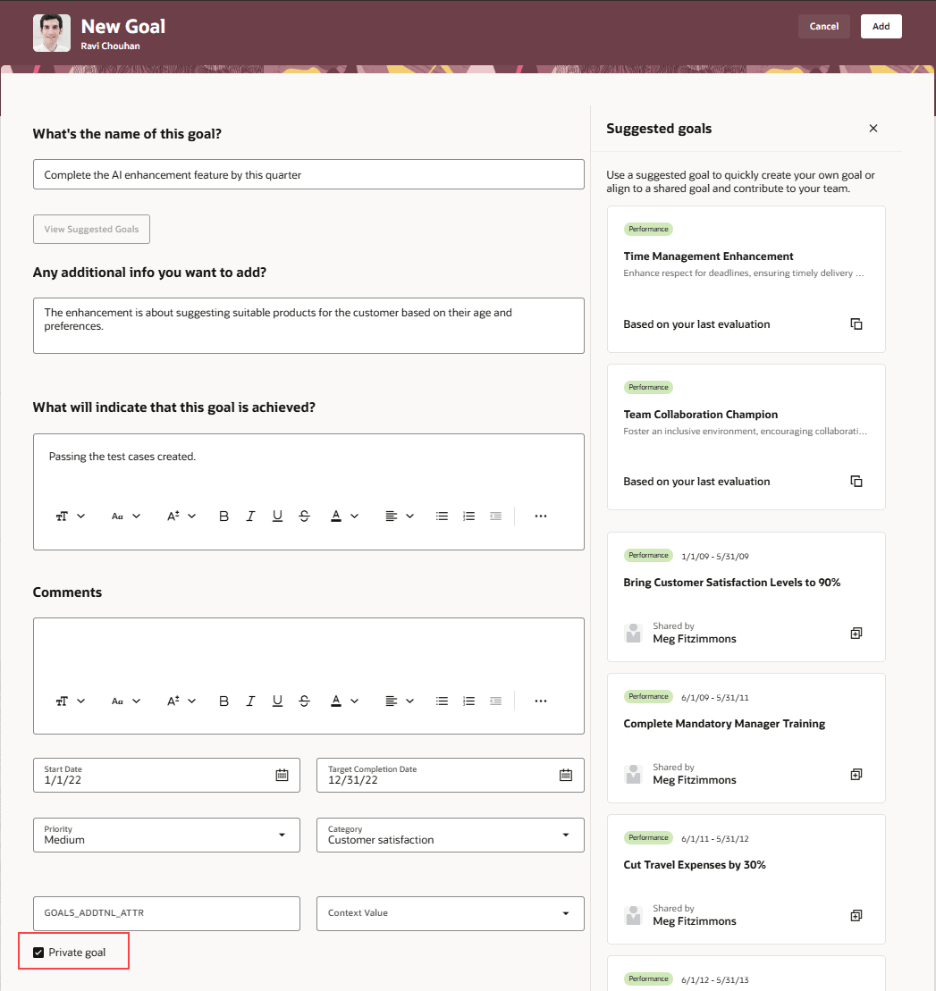 「非公開目標」チェック・ボックスが強調表示された「新規目標」ページ