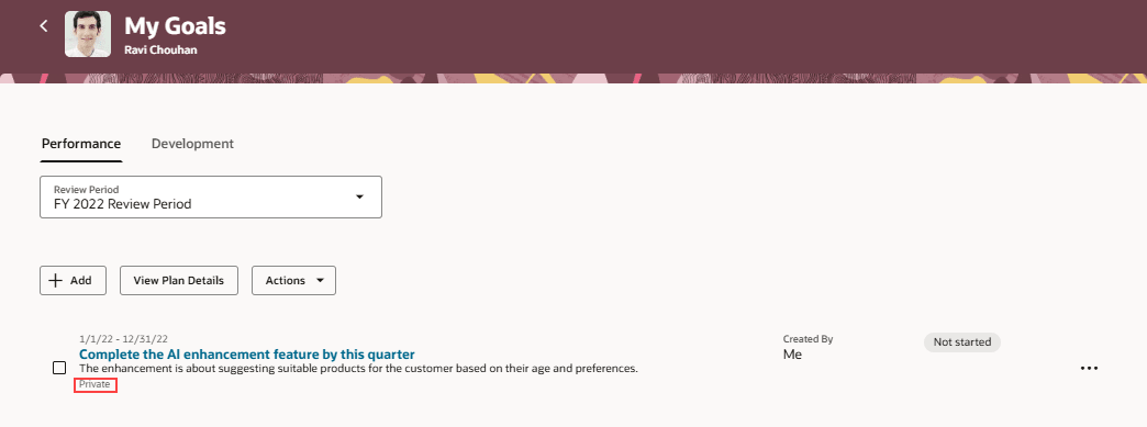 「非公開」ラベルが強調表示された「自分の目標」ページの「パフォーマンス」タブ
