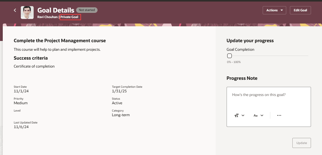「目標詳細」ページのヘッダーで強調表示されている「非公開目標」インジケータ