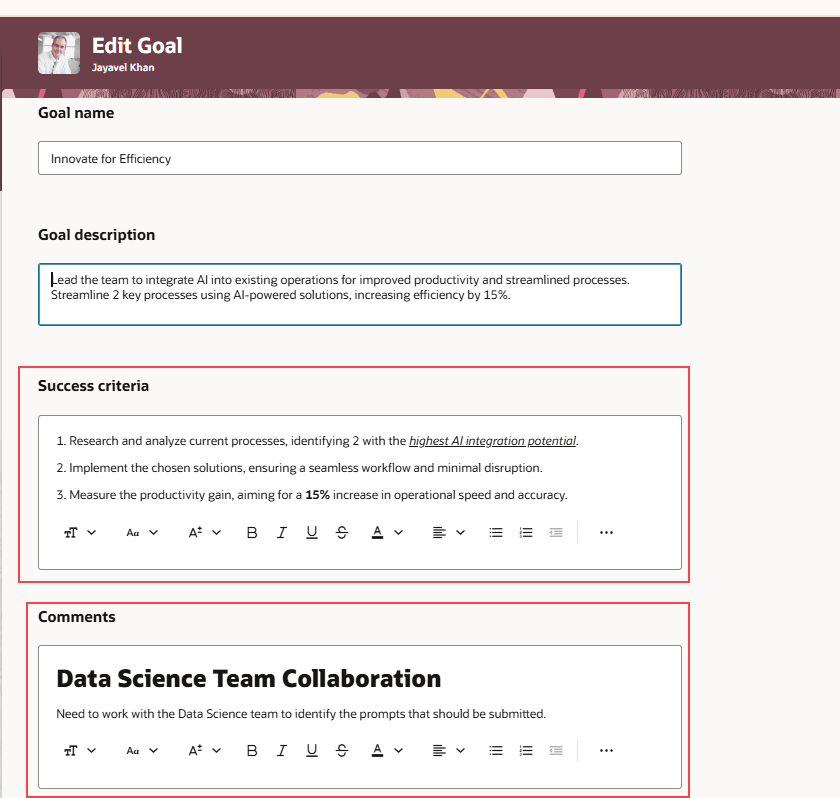 「達成基準」および「コメント」フィールドが強調表示された「目標の編集」ページ 