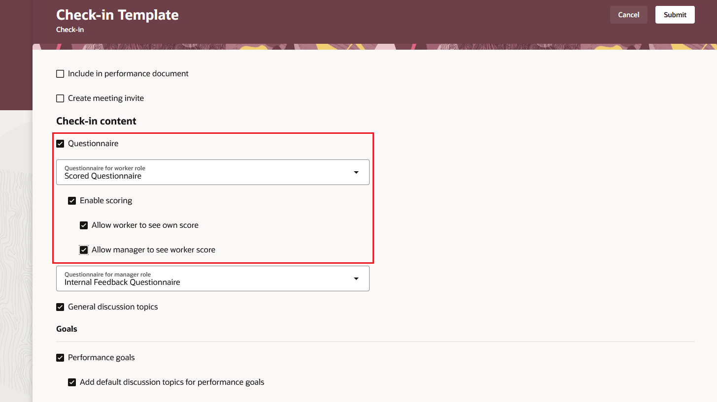 「質問リスト」チェック・ボックスが強調表示されたチェックイン・テンプレートのスクリーンショット