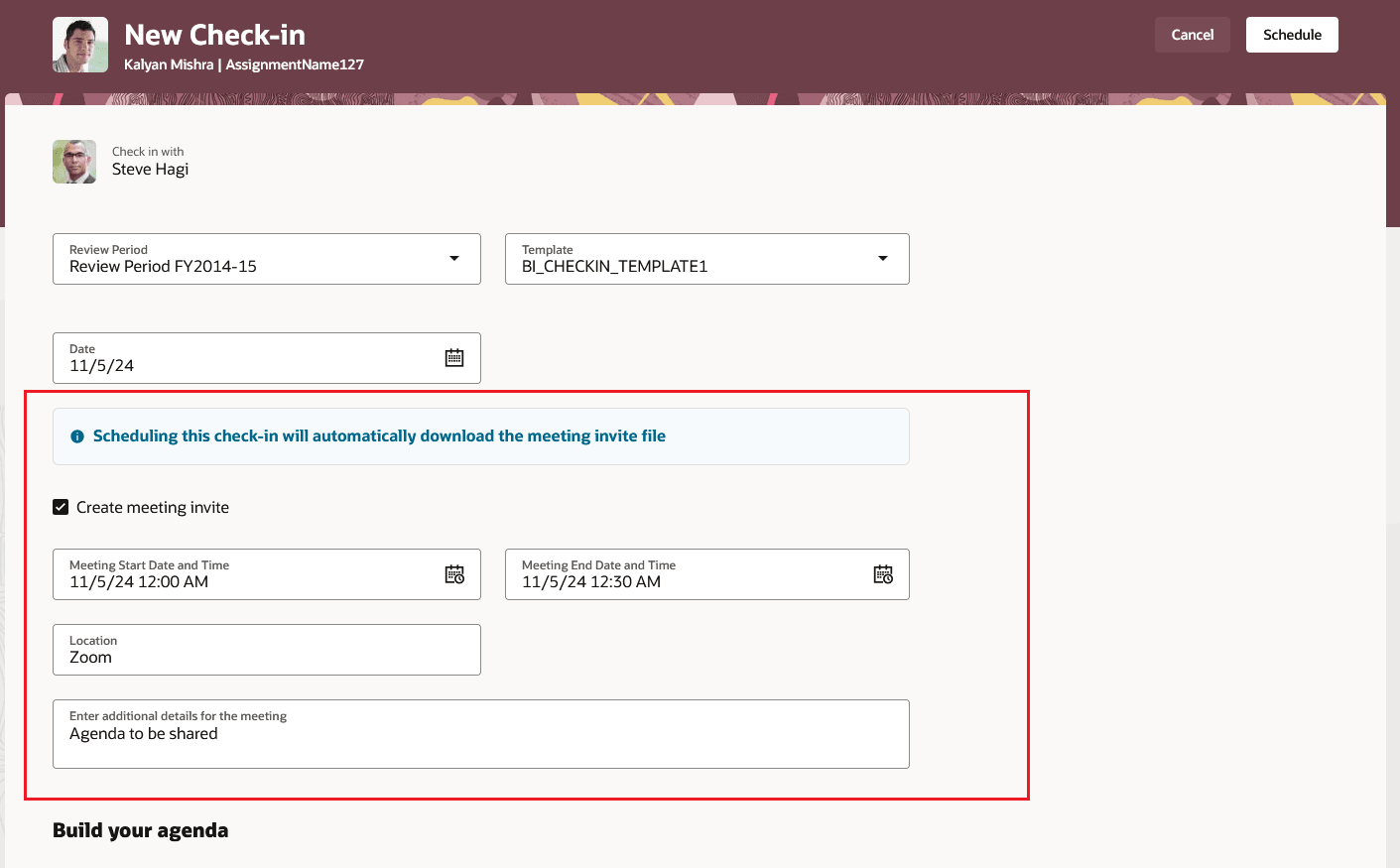 情報バナーおよび会議の詳細が強調表示されたチェックイン文書のスクリーンショット。