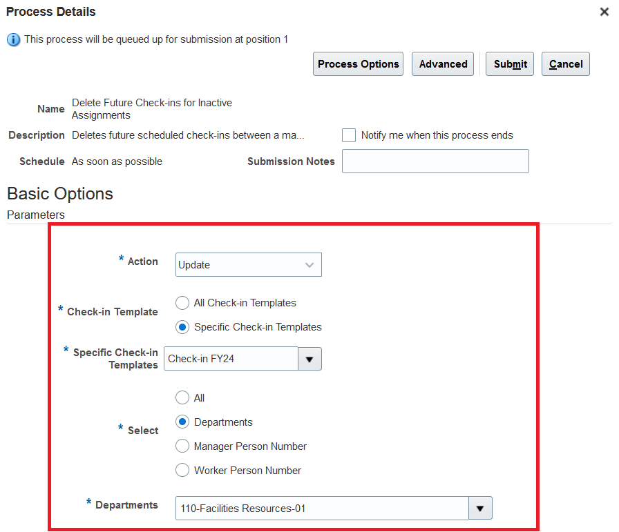 「非アクティブなアサイメントの先日付チェックインの削除」スケジュール済プロセスのパラメータ・セクションが強調表示されたスクリーンショット。