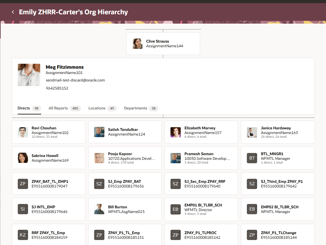 「直属」タブが表示されている、Redwoodで再設計された従業員の組織階層