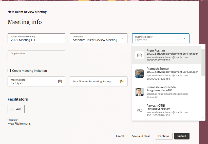 新規タレント・レビュー会議の「会議情報」タブ