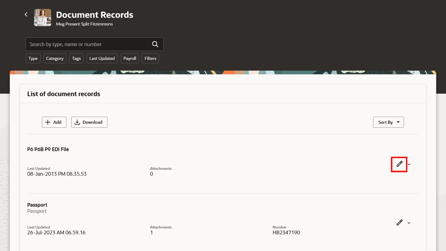 「文書レコード」ページの「編集」アイコン