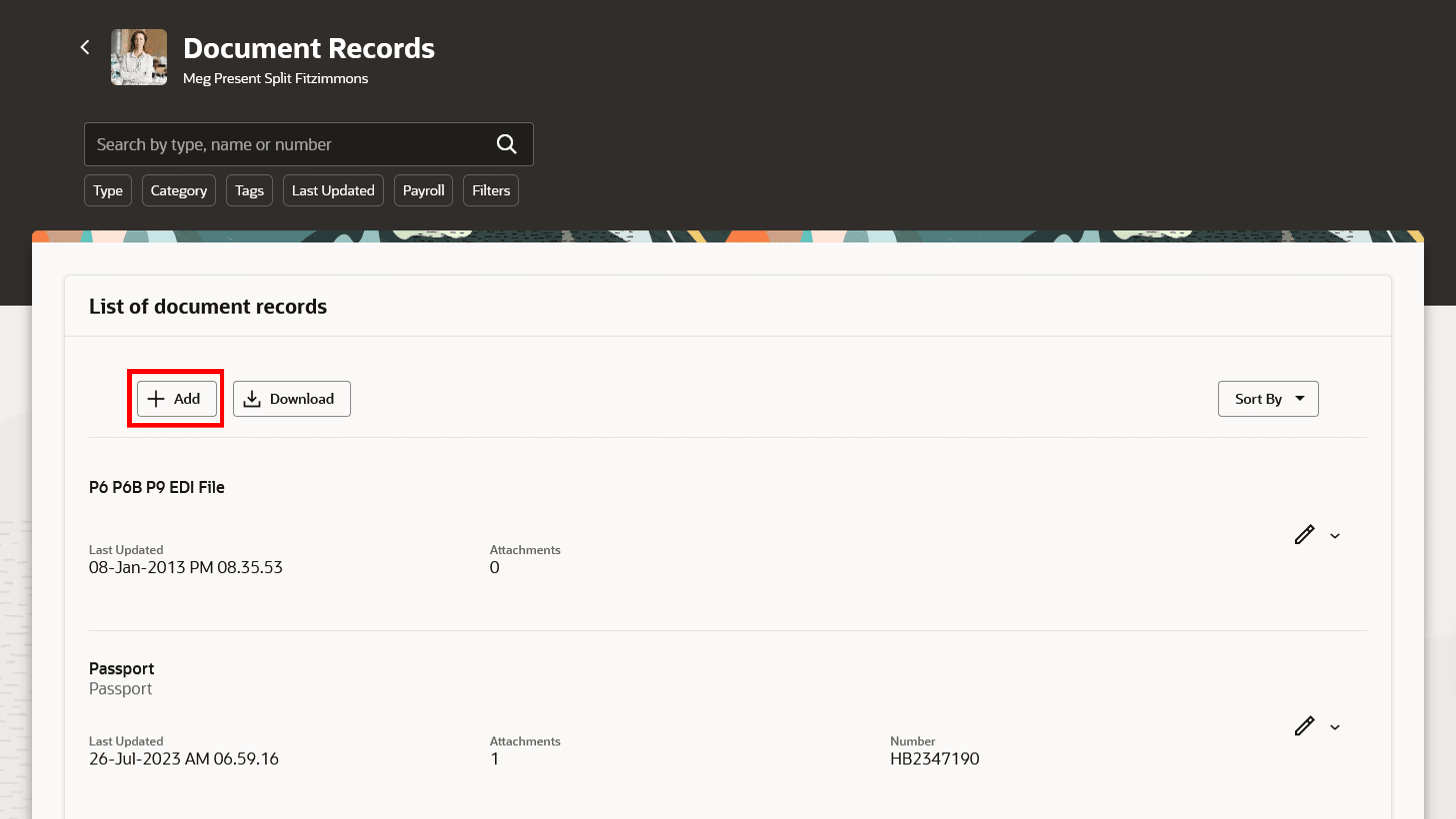 「文書レコード」ページの「追加」アイコン