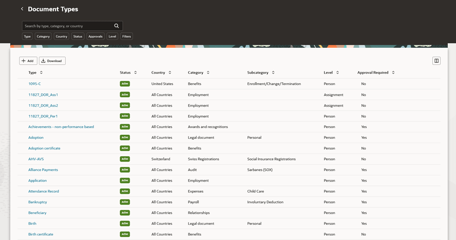 「文書タイプ」ページ
