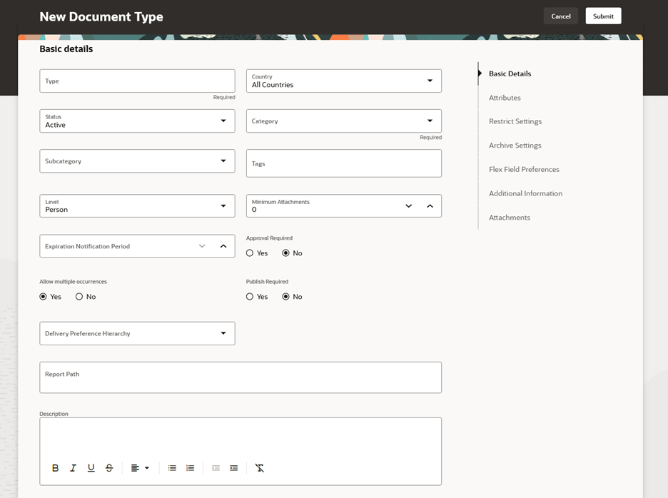 「新規文書タイプ」ページ