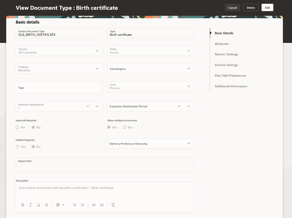 文書タイプの編集および削除
