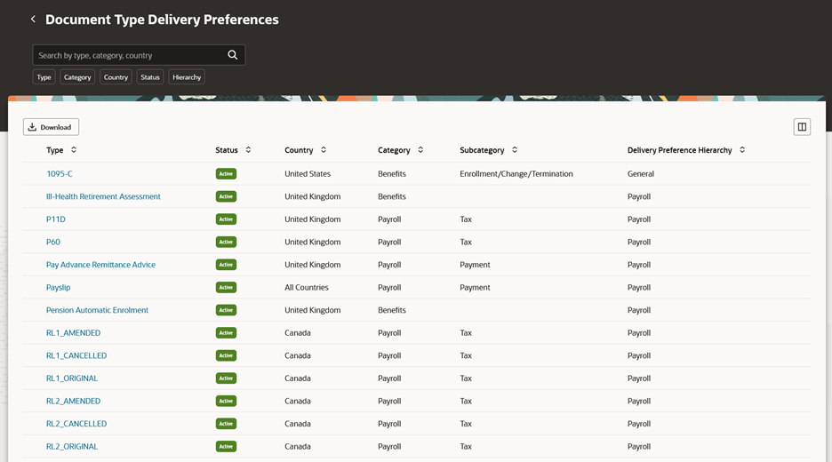 「文書タイプ提供プリファレンス」ページ