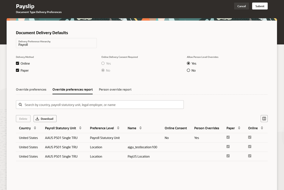 上書きプリファレンス・レポートの表示およびダウンロード