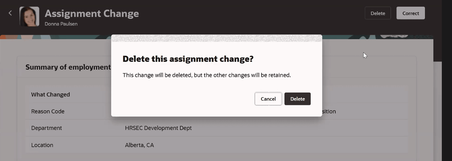 アサイメントの変更の削除確認ダイアログ