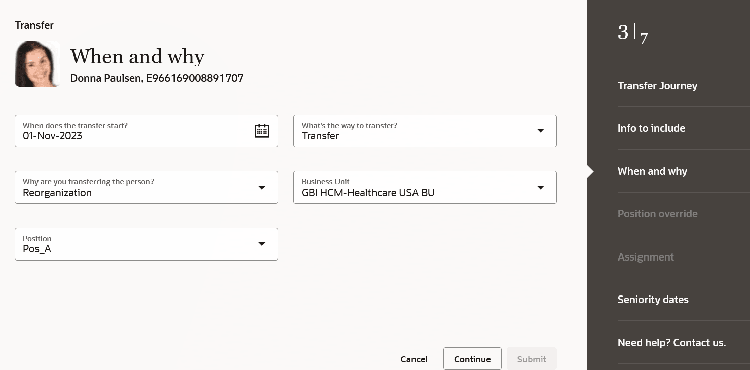Redwoodの異動プロセスの「時期および事由」ステップ