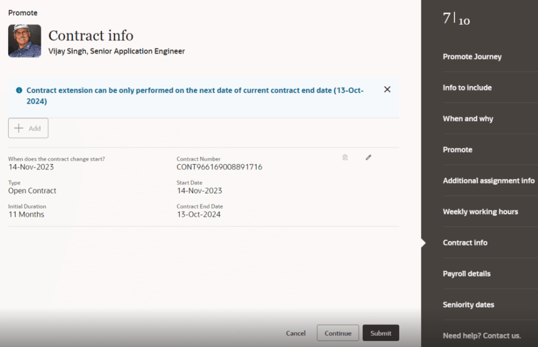 Redwoodの昇格・昇進プロセスの契約情報ステップ