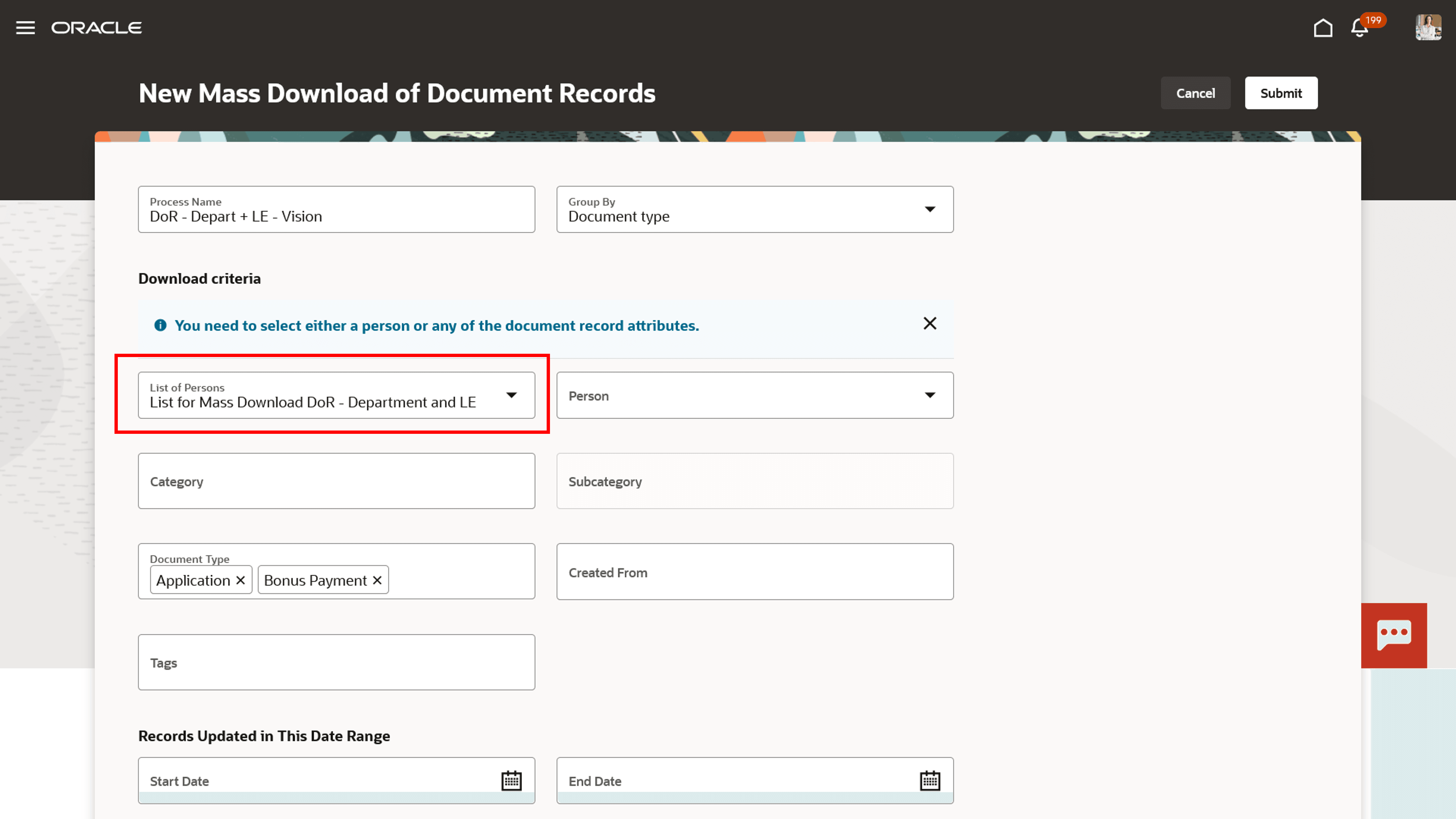 フィルタ済リストを使用した文書レコードの一括ダウンロード