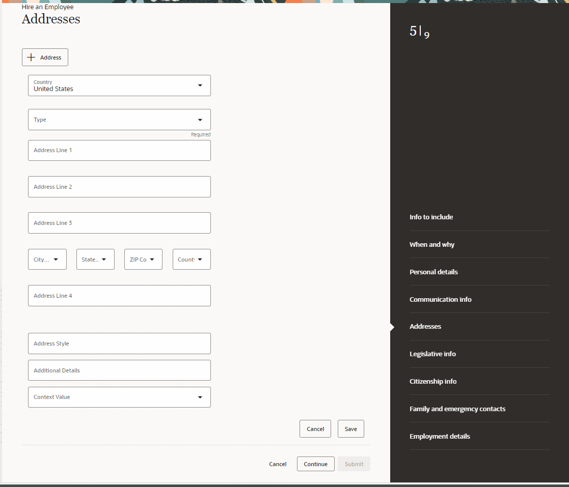 「従業員の採用」フローの「住所」ステップ