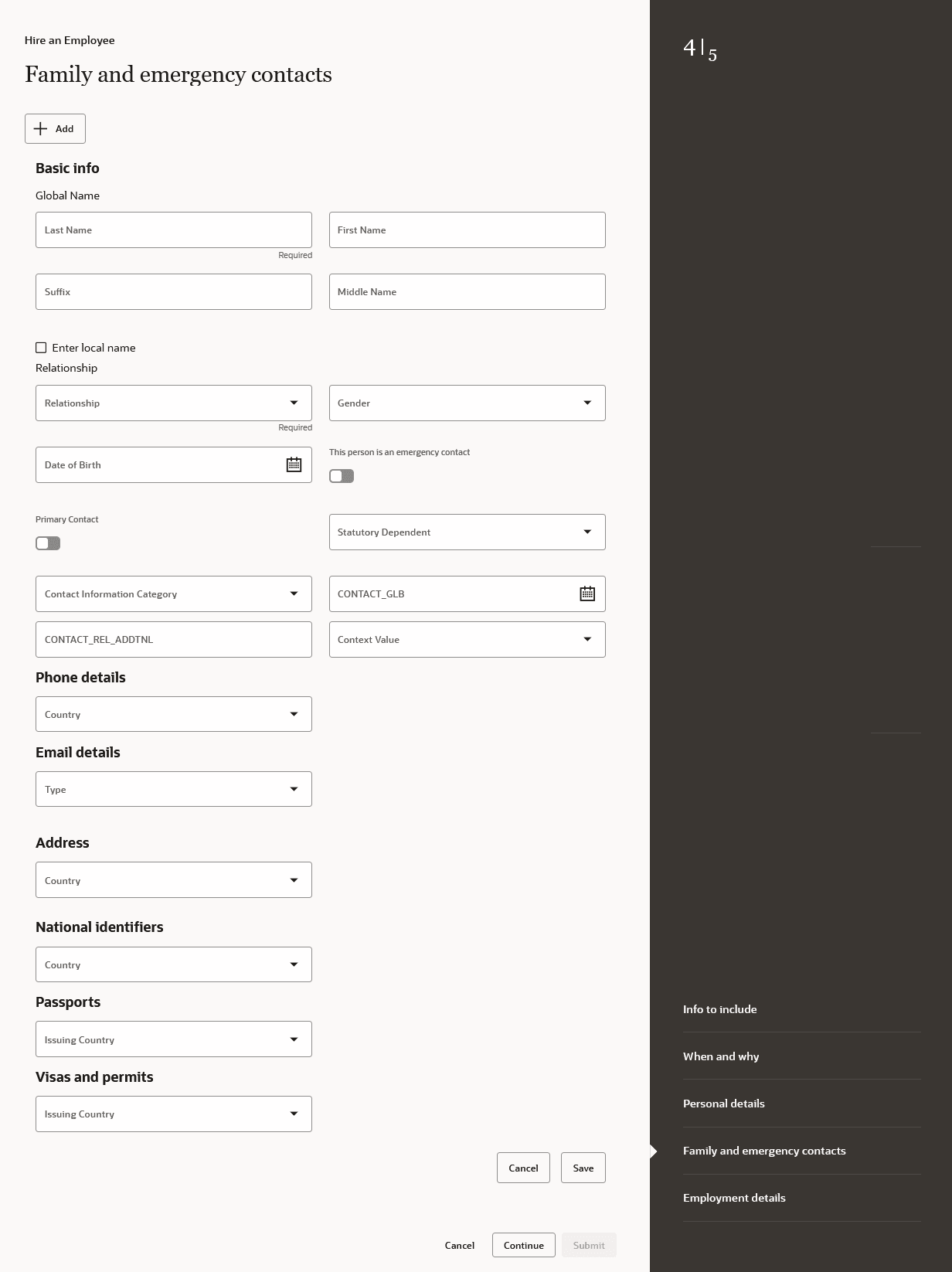 「家族および緊急連絡先」ページには、追加した個人の連絡先詳細およびレコードを家族または緊急連絡先として追加できます。