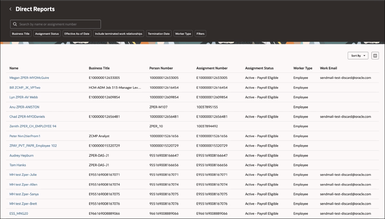 この画像は、「直属の部下」検索ページを示しています。このページでは、指定した名前またはアサイメント番号に基づいて直属の部下のリストを表示できます。