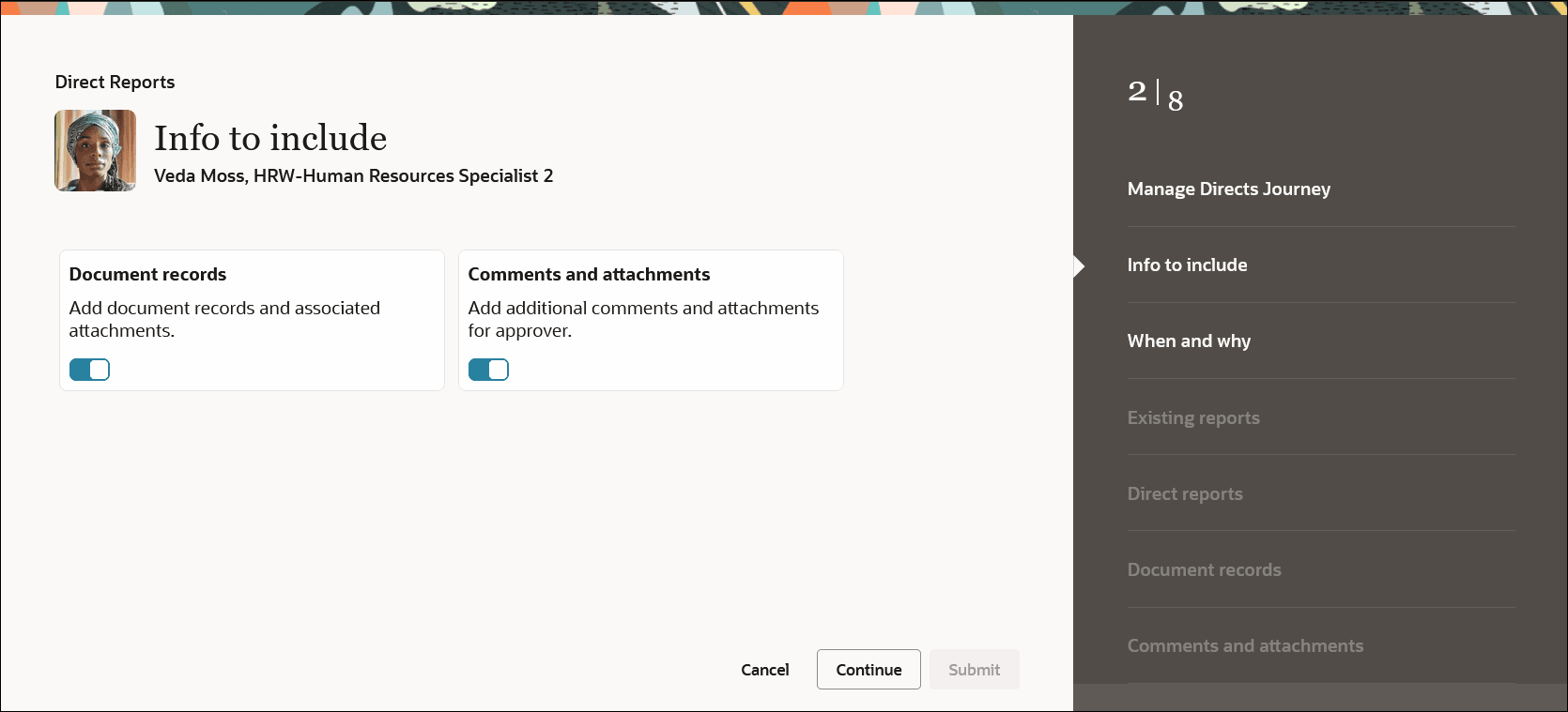 この画像は、「直属部下」プロセスの「含める情報」ステップを示しており、含めるステップをここで選択できます。