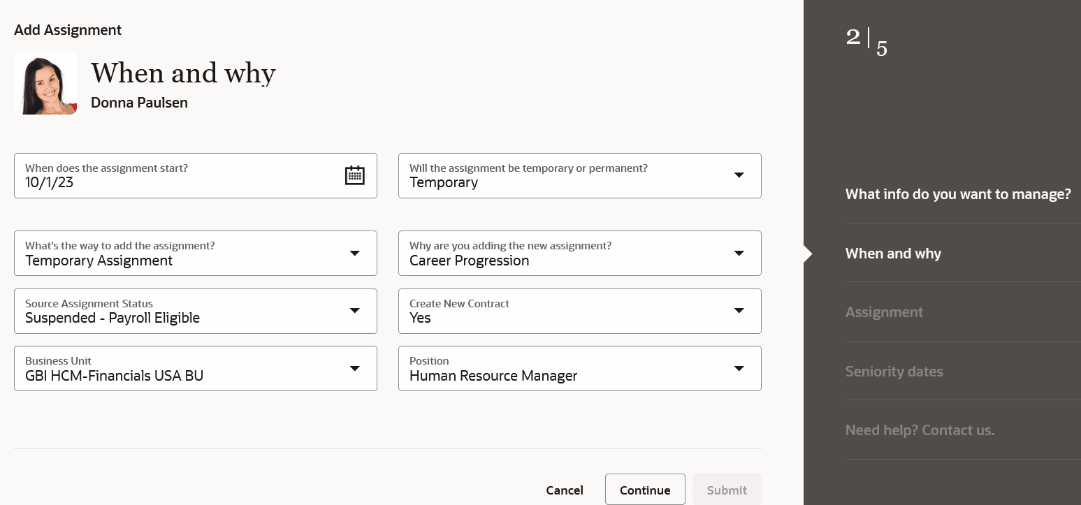 Redwoodの「アサイメントの追加」プロセスの「時期および事由」ステップ