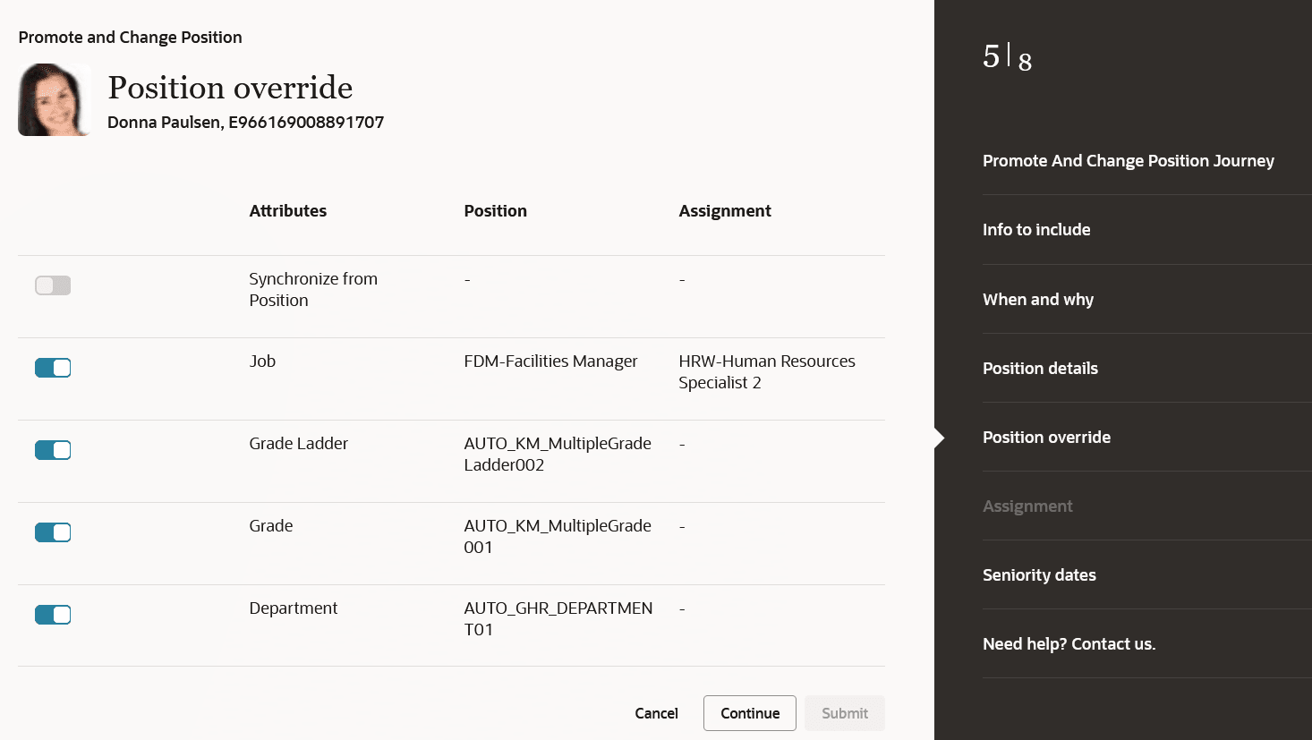ポジションおよびアサイメントの属性値が表示された「ポジション上書き」ステップ