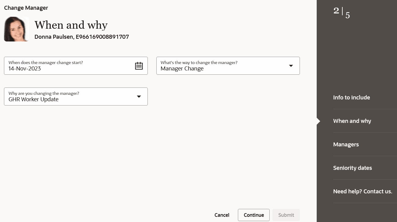 Redwoodの「マネージャの変更」プロセスの「時期および事由」ステップ
