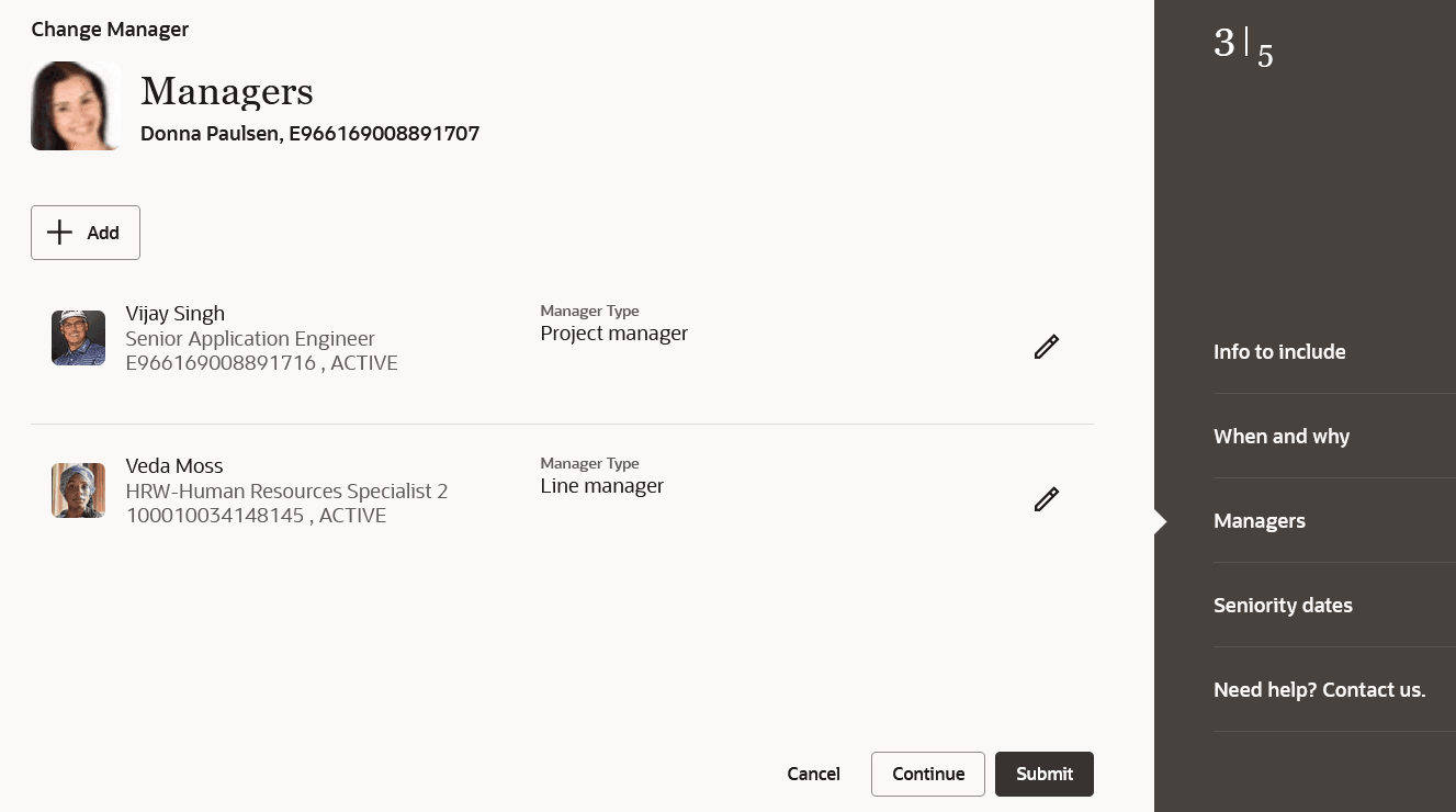 Redwoodの「マネージャの変更」プロセスの「マネージャ」ステップ