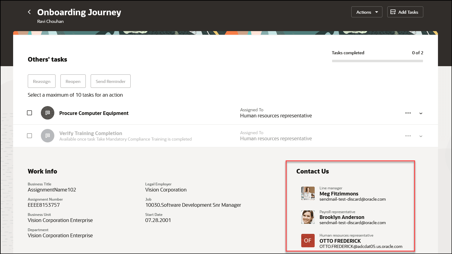 割当済ジャーニの「お問合せ」セクションのスクリーン・キャプチャ。