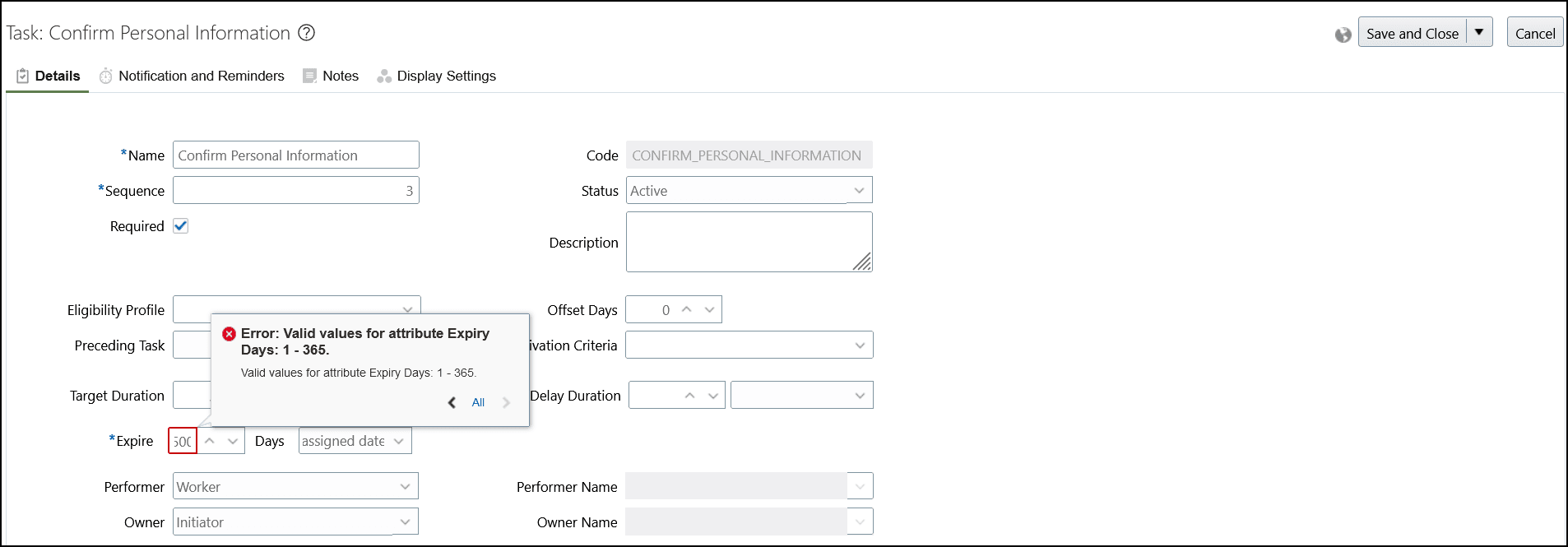 日数が365を超えた場合の「タスク設定」ページでの検証のスクリーン・キャプチャ。
