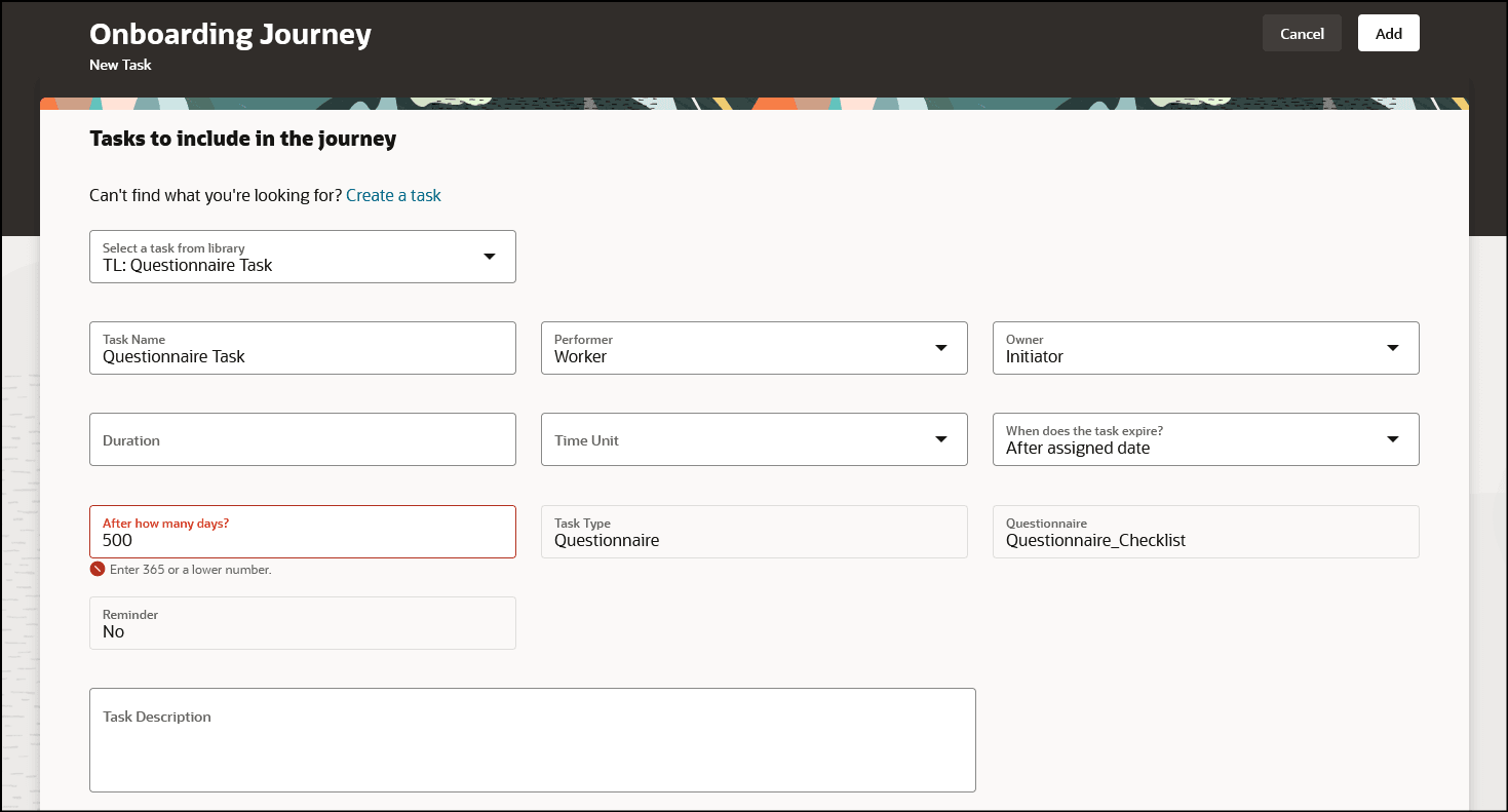 「検討」タブからタスクを作成し、ジャーニを作成するときに、タスク失効に適用される検証のスクリーン・キャプチャ。