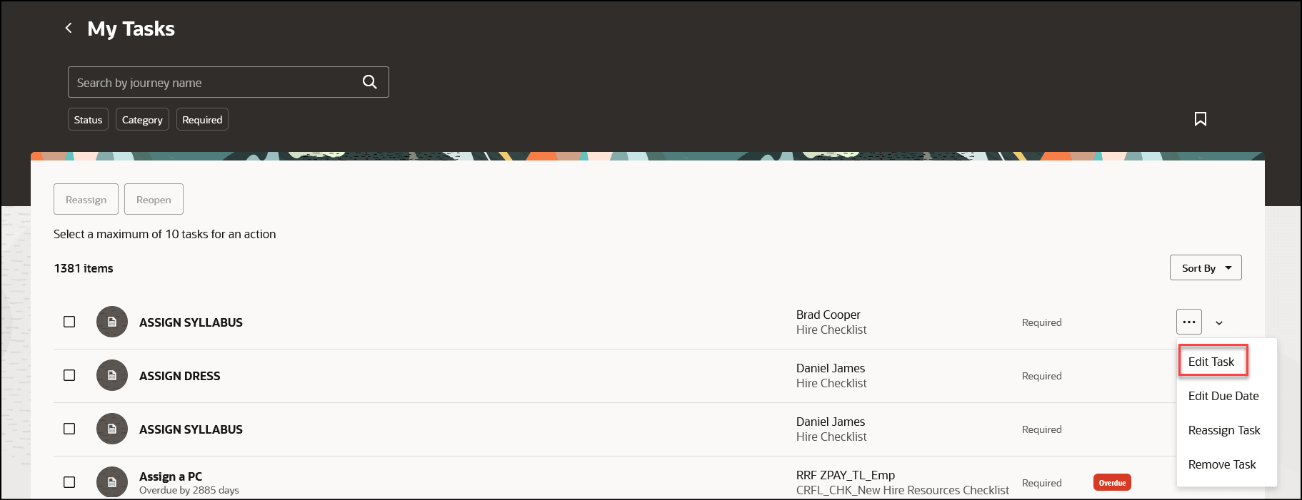 「自分のタスク」タブからタスクの「タスクの編集」アクションを選択するためのスクリーン・キャプチャ。