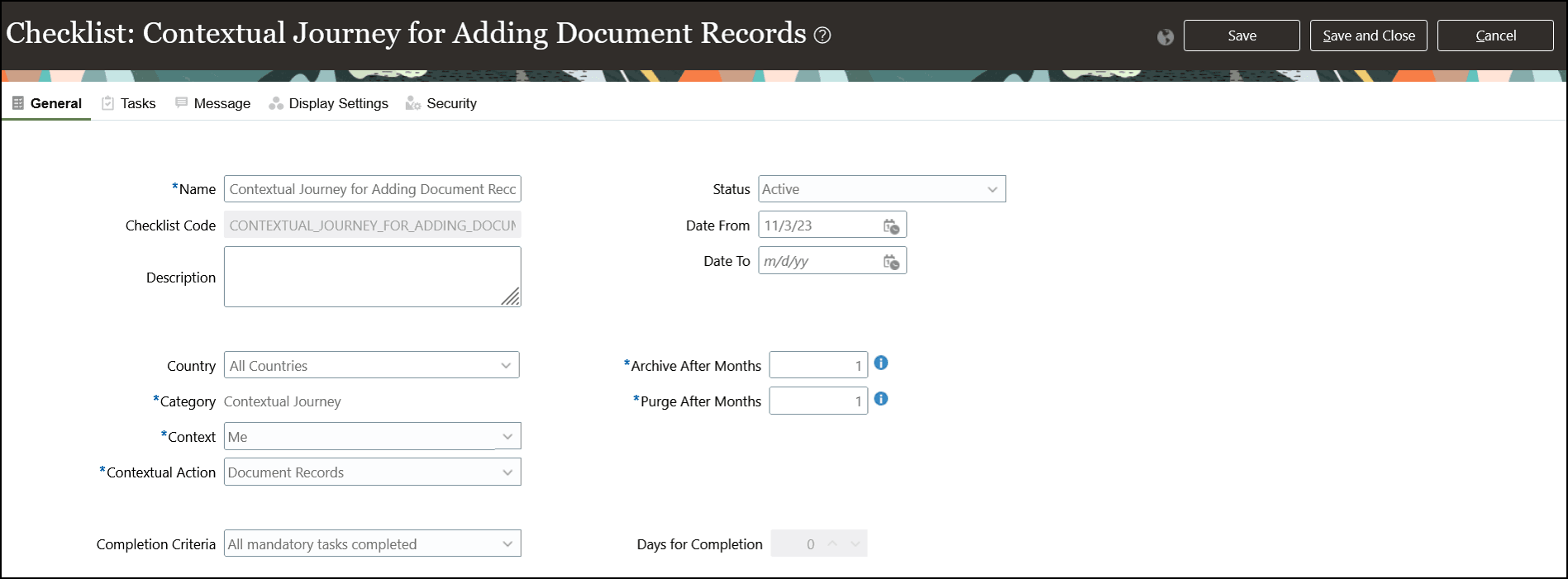 文書レコード・コンテキスト・ジャーニをオープンするためのジャーニを構成するためのスクリーン・キャプチャ。