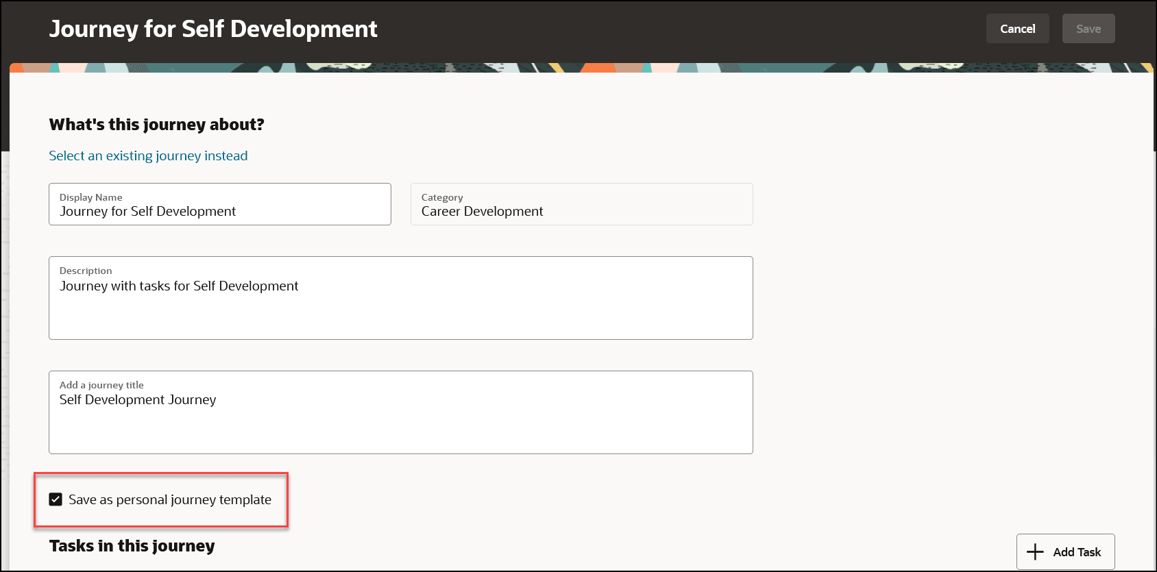 「ジャーニを個人ジャーニとして保存」テンプレートのスクリーン・キャプチャ。