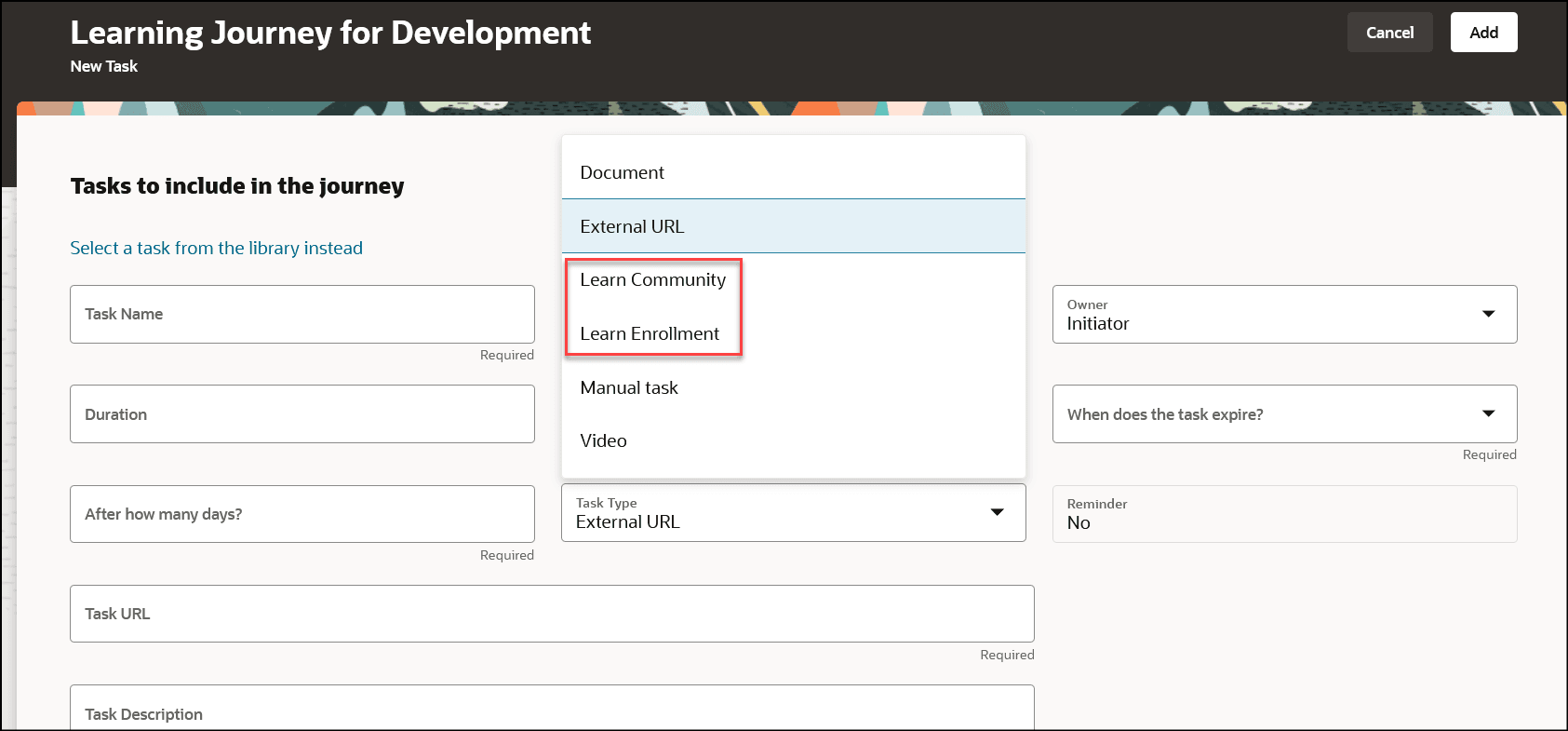 ジャーニの作成中に学習コミュニティまたは学習登録タスク・タイプを作成するためのスクリーン・キャプチャ。