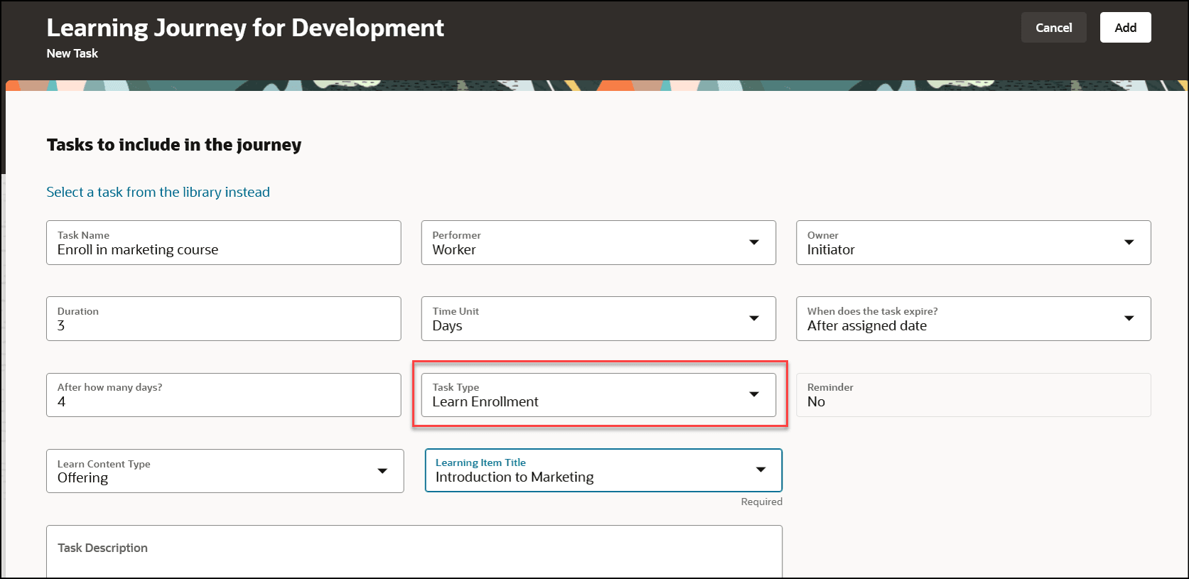 学習登録タスク・タイプの詳細を入力するためのスクリーン・キャプチャ。