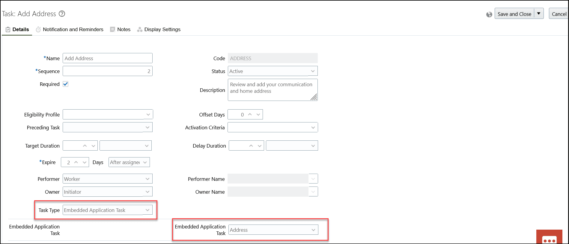 埋込みアプリケーション・タスクでアドレス・タスク・リージョンを構成するためのスクリーン・キャプチャ。