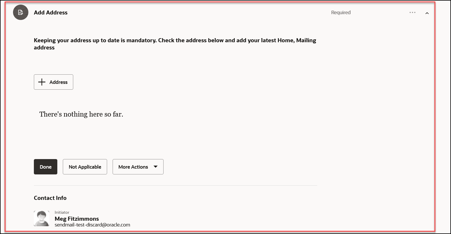 埋込みアプリケーション・タスクを使用して住所を追加するスクリーン・キャプチャ。