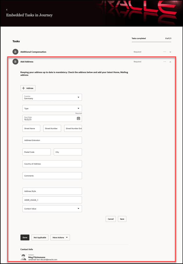 埋込みアプリケーション・タスクに住所詳細を入力するためのスクリーン・キャプチャ。