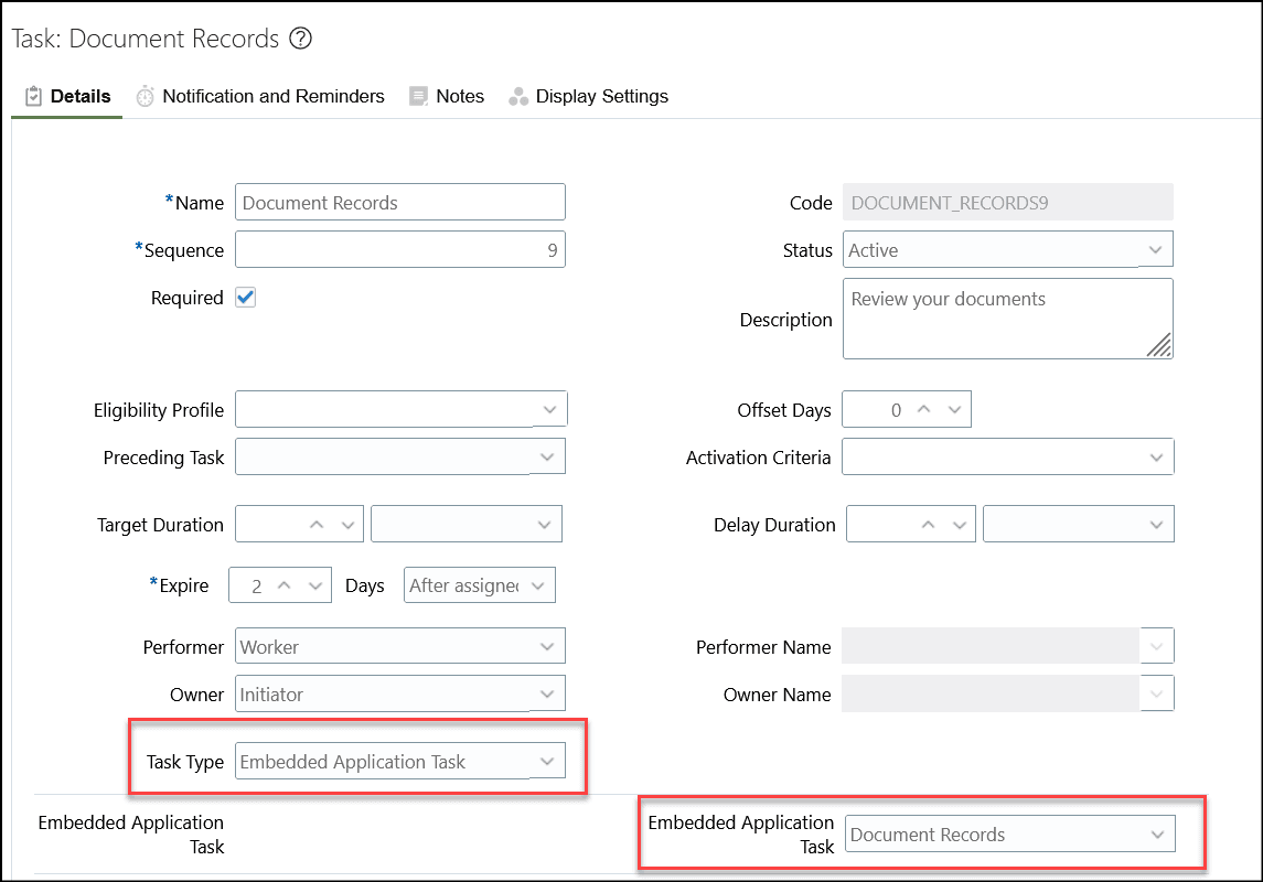 埋込みアプリケーション・タスクの「文書レコード」タスク・リージョンを構成するためのスクリーン・キャプチャ。